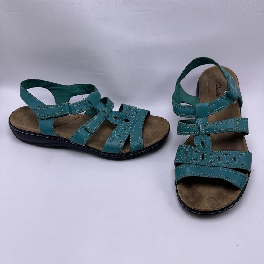 Clarks Leather Multi Strap Sandals Leisa Apple Teal Blue Size 10 Wide Shoes